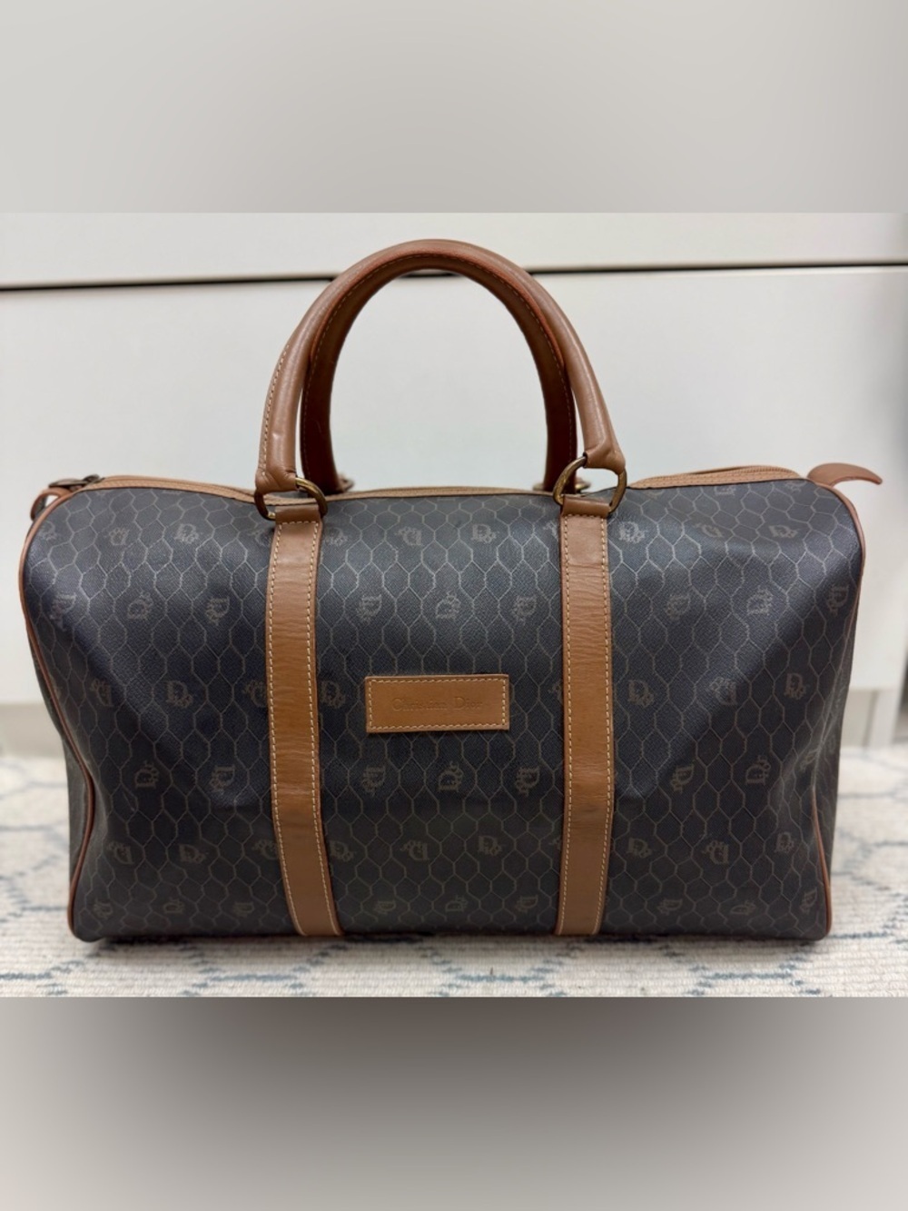 DIOR Vintage Brown Iconic Monogram Honeycomb Coated Canvas Weekender Travel Bag